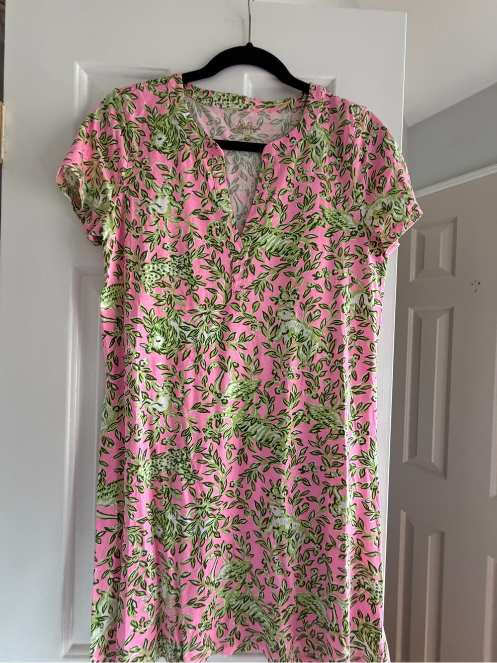 Lilly Pulitzer Pink & Green Floral-Leaf V-Neck Mini Dress